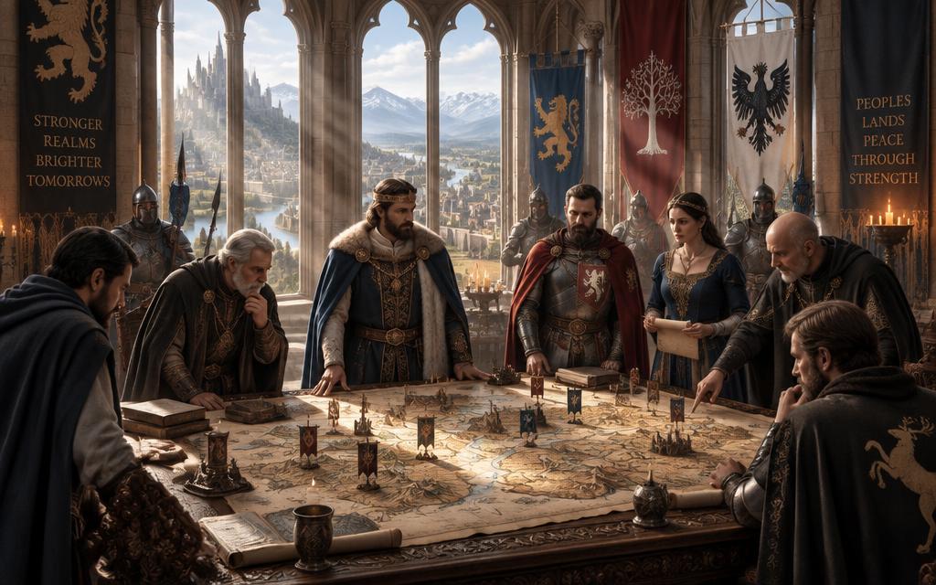 Rulers and advisers gather around a campaign map in a grand castle hall.