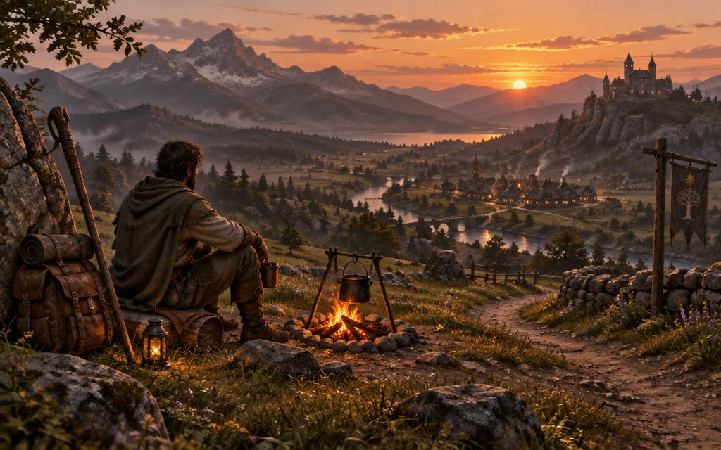 A lone traveller rests by a campfire overlooking a mountain valley and village.
