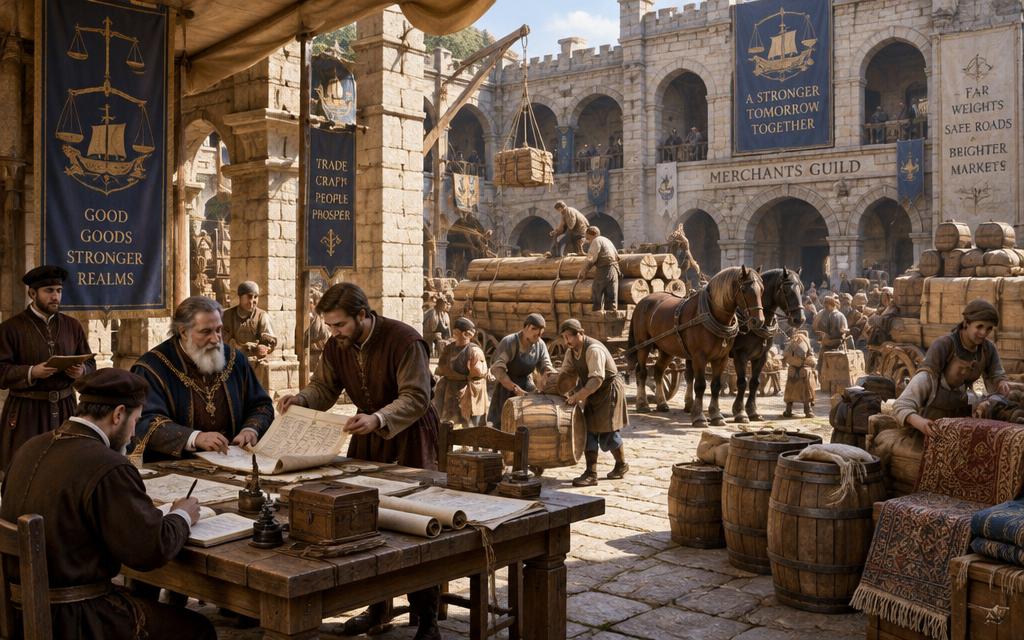 Merchants plan trade in a busy guild courtyard as workers load goods and wagons.