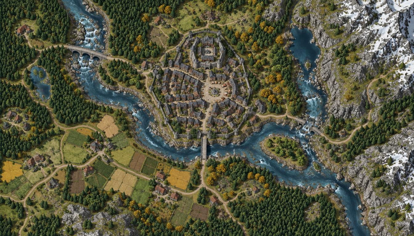 A top-down view of the living map: a walled town in a river bend, farmland, forests and snow-capped mountains.